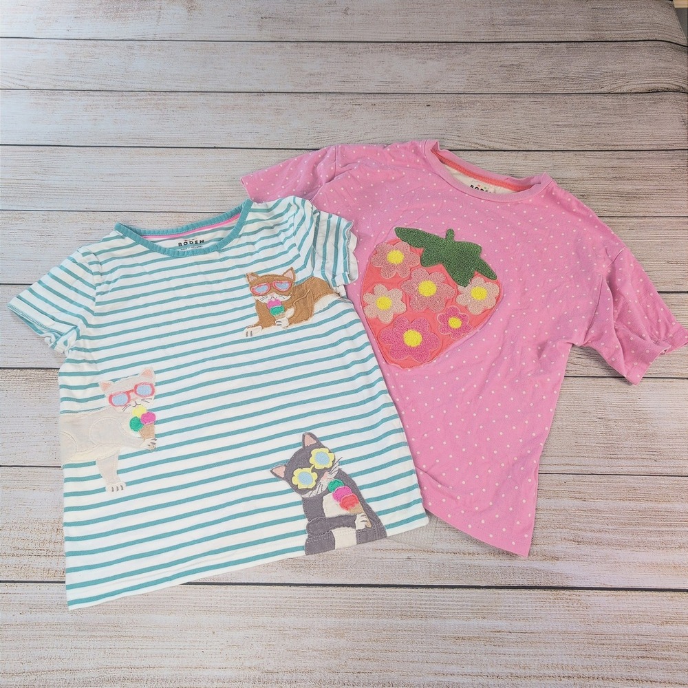 Mini Boden Girls 2pc T-Shirt Bundle Cats Ice Cream Strawberry Pink Teal 9-10Y